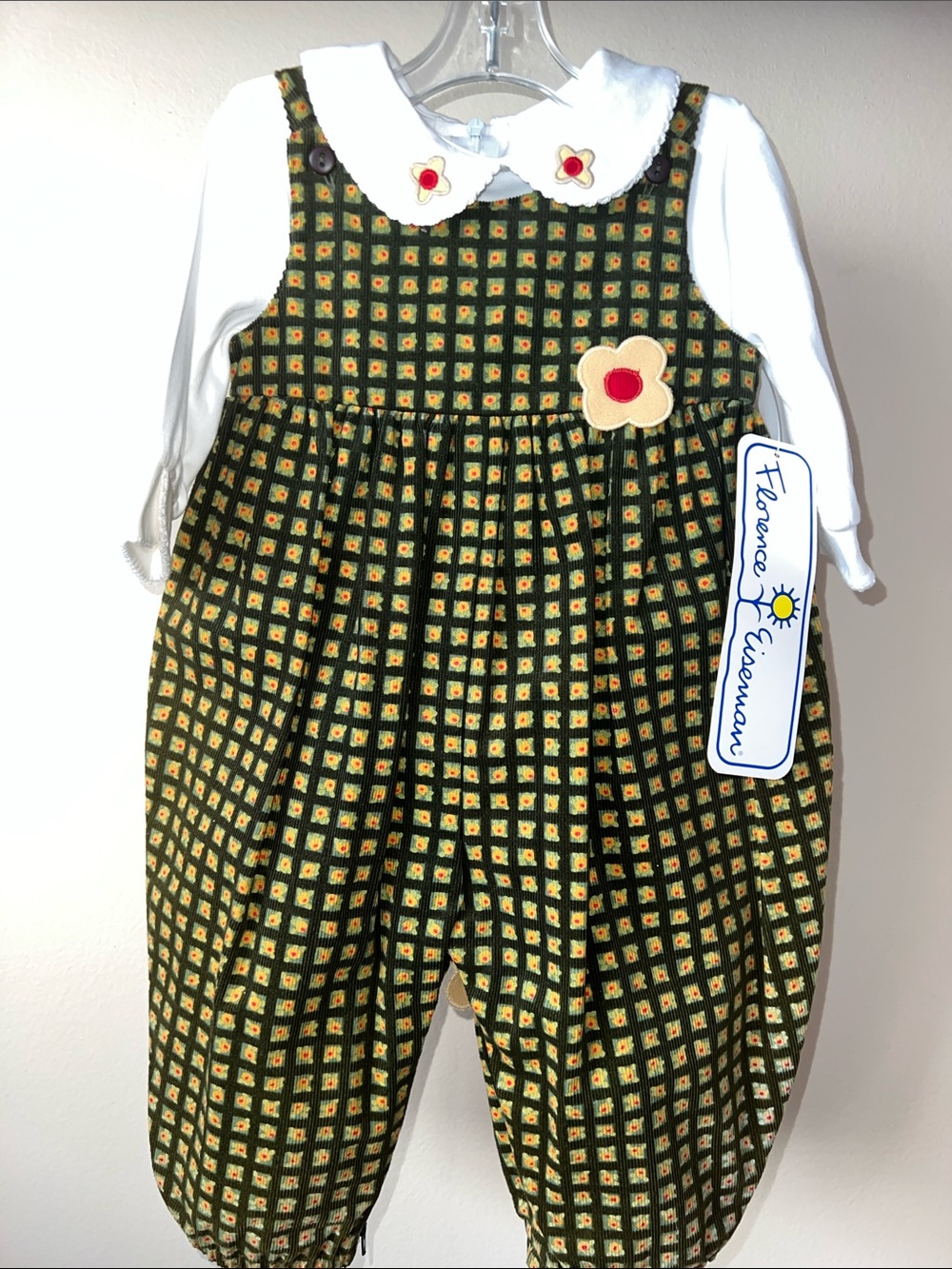Florence Eiseman Olive Plaid Bubble Romper with Yellow Floral Accents